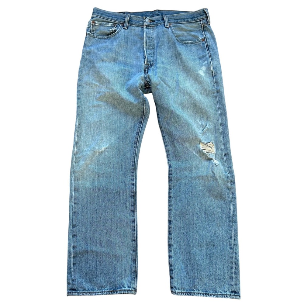 Levi's 501 Jeans Mens 34x27‎ Blue Distressed Straight Leg Button Fly Light Wash